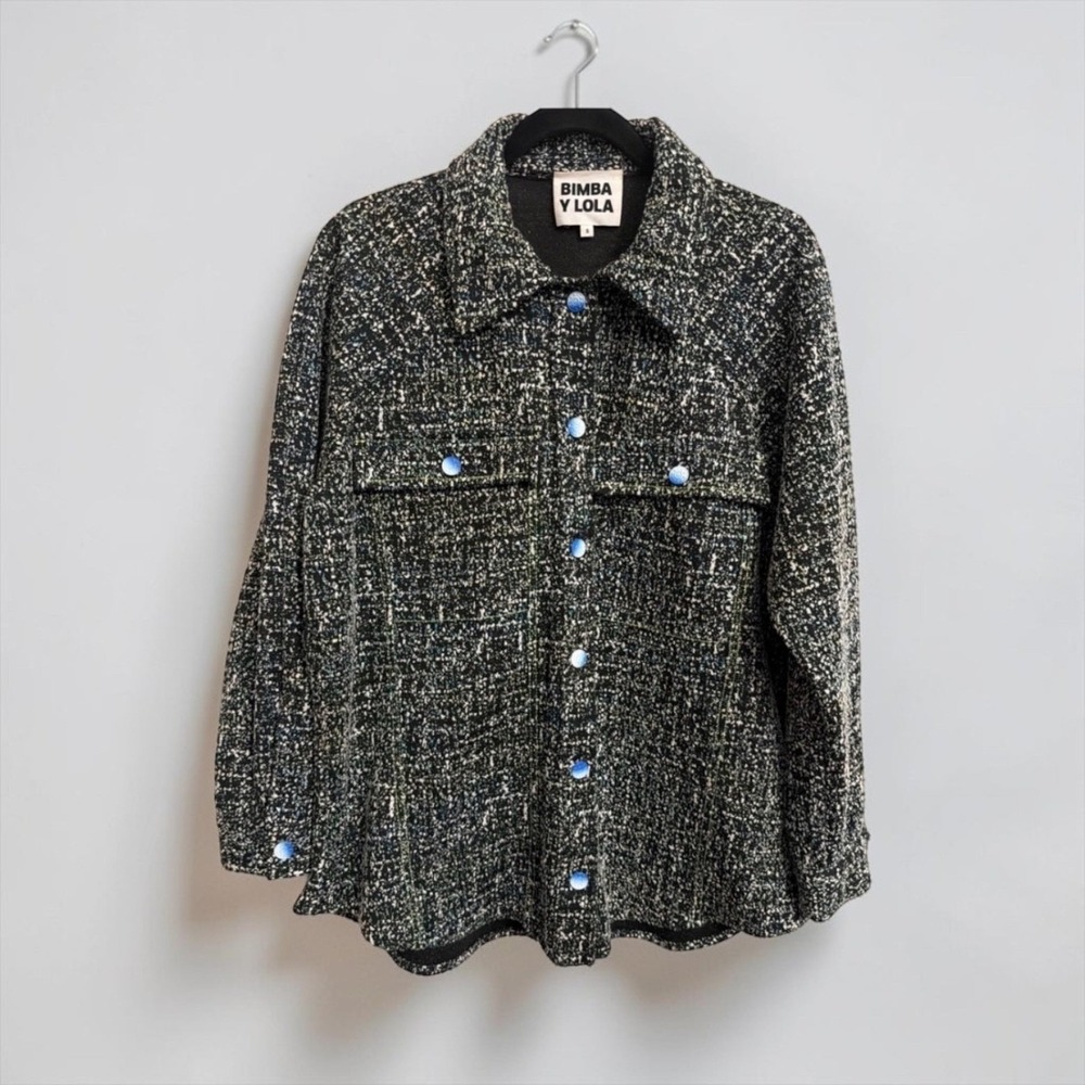 Bimba Y Lola Black White Tweed Boucle Oversized Shirt Jacket Shacket Small